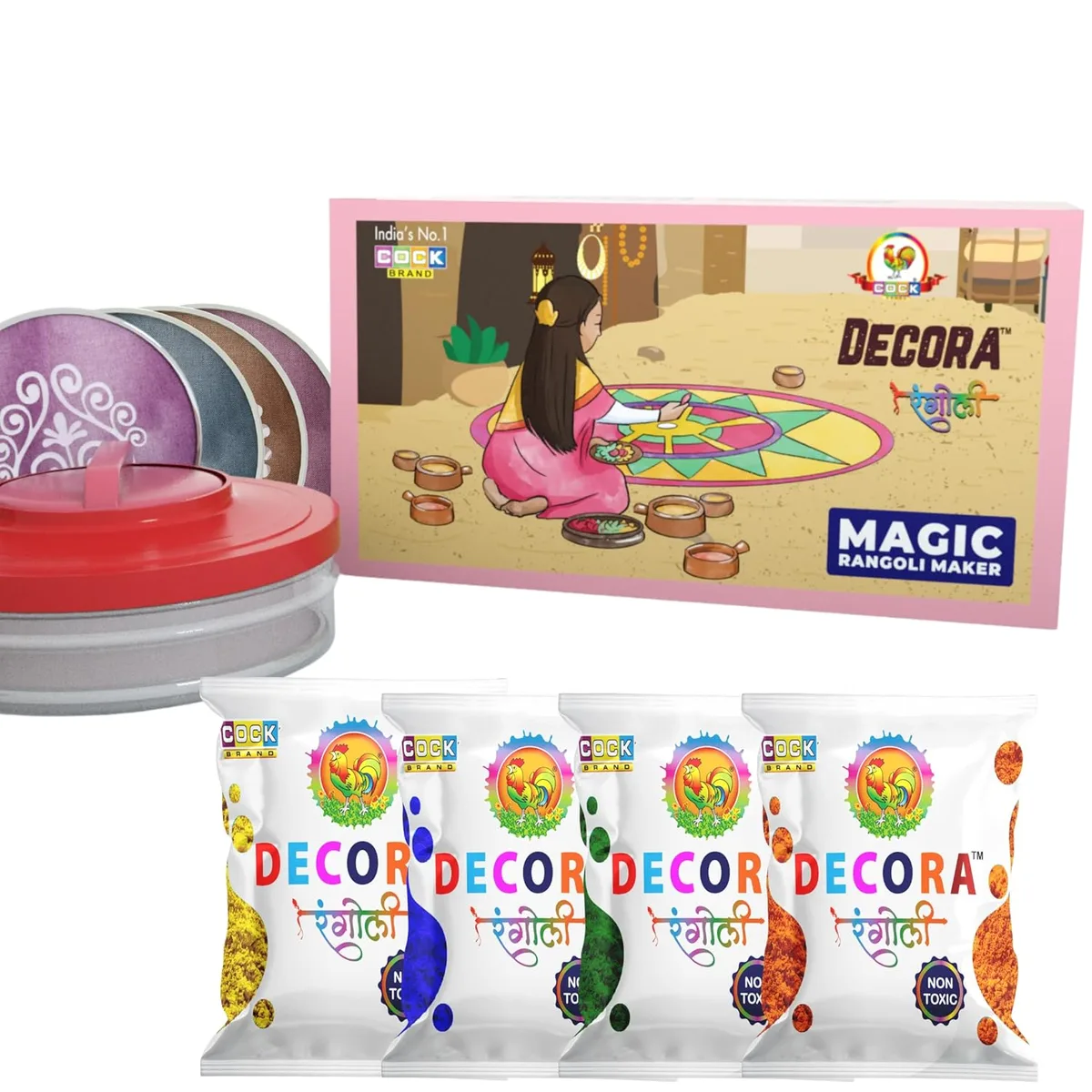 Decora Magic Rangoli Maker kit with pouches and stencils