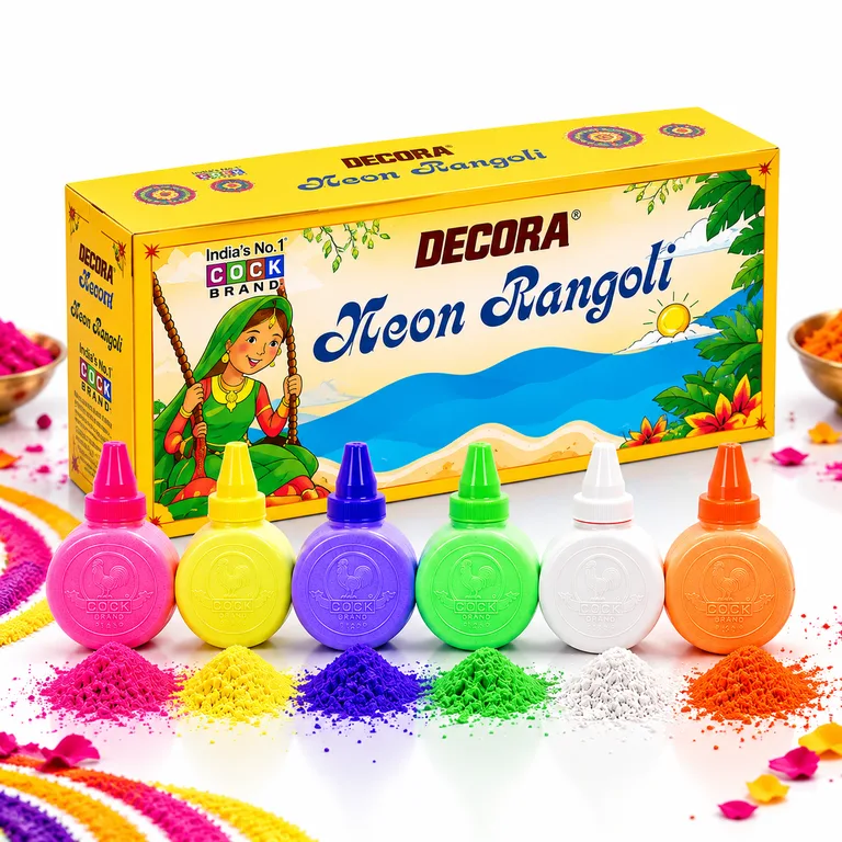 Decora Neon Rangoli box with 6 neon colour squeeze bottles