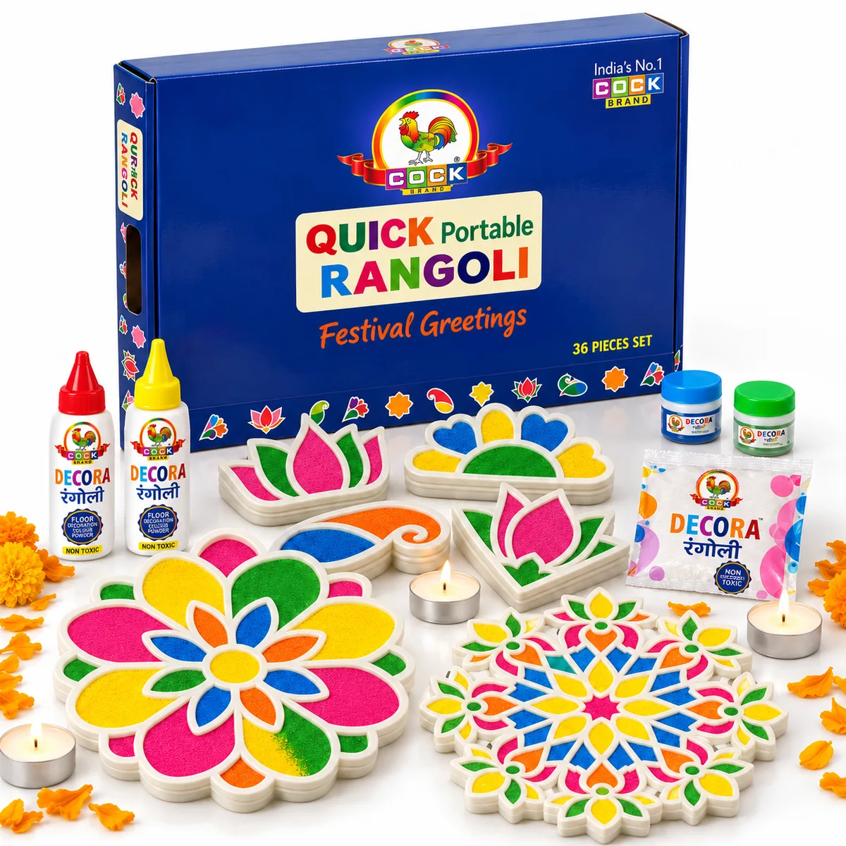 Quick Portable Rangoli 36-piece gift box with colour-filled lotus and paisley moulds and lit tea lights