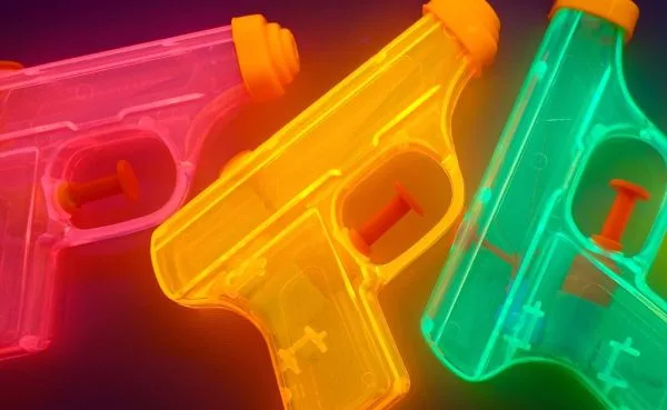 Three translucent water pistols photographed close up