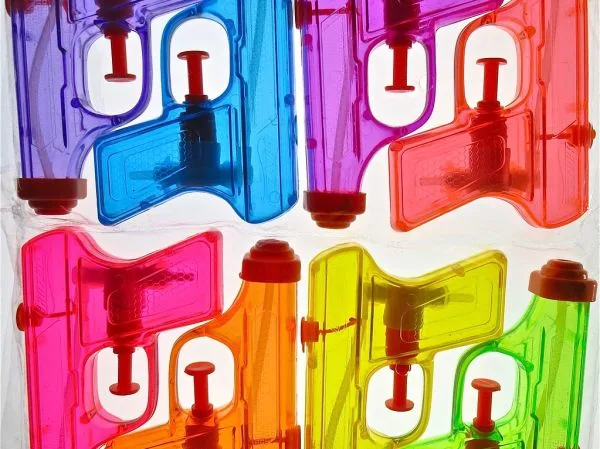 Translucent moulded water pistols in six colours, laid flat