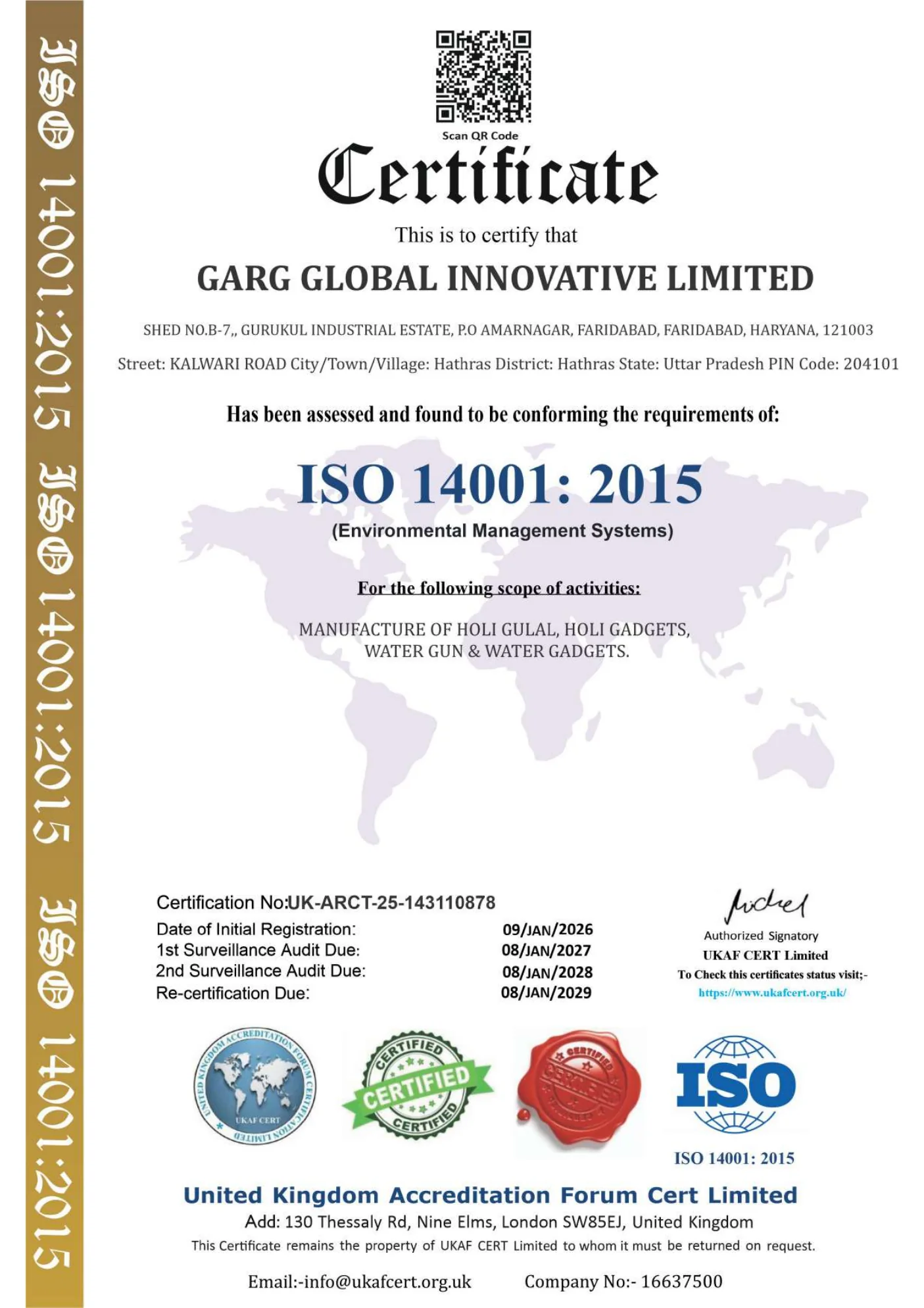 ISO 14001:2015 certificate for Garg Global Innovative Limited, number UK-ARCT-25-143110878