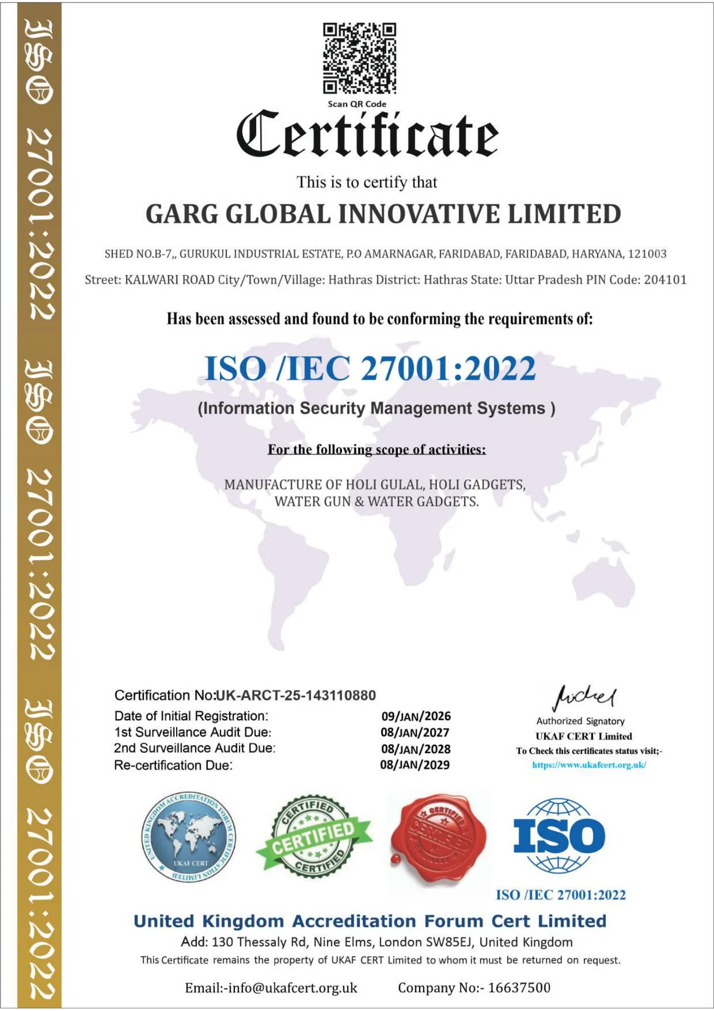 ISO/IEC 27001:2022 certificate for Garg Global Innovative Limited, number UK-ARCT-25-143110880