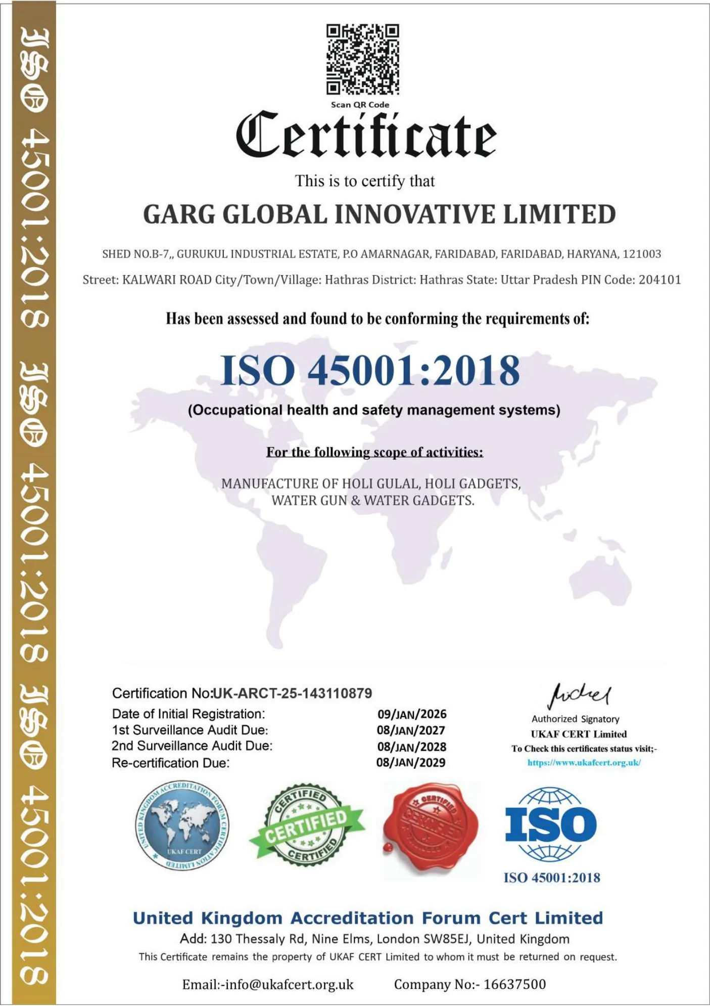 ISO 45001:2018 certificate for Garg Global Innovative Limited, number UK-ARCT-25-143110879