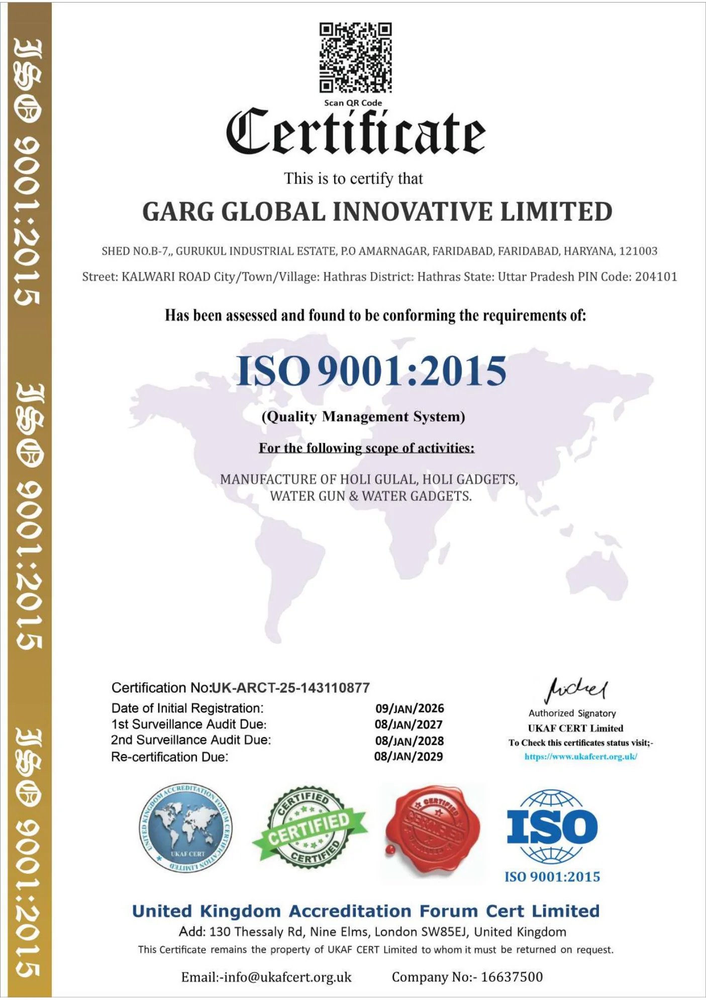 ISO 9001:2015 certificate for Garg Global Innovative Limited, number UK-ARCT-25-143110877