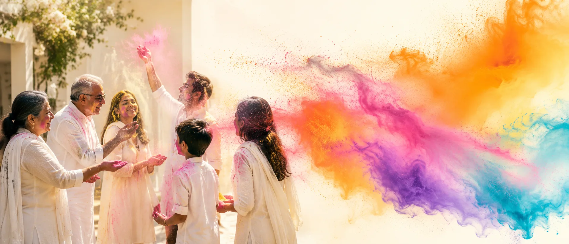 Holi colour powder thrown in the air in bright pigment clouds