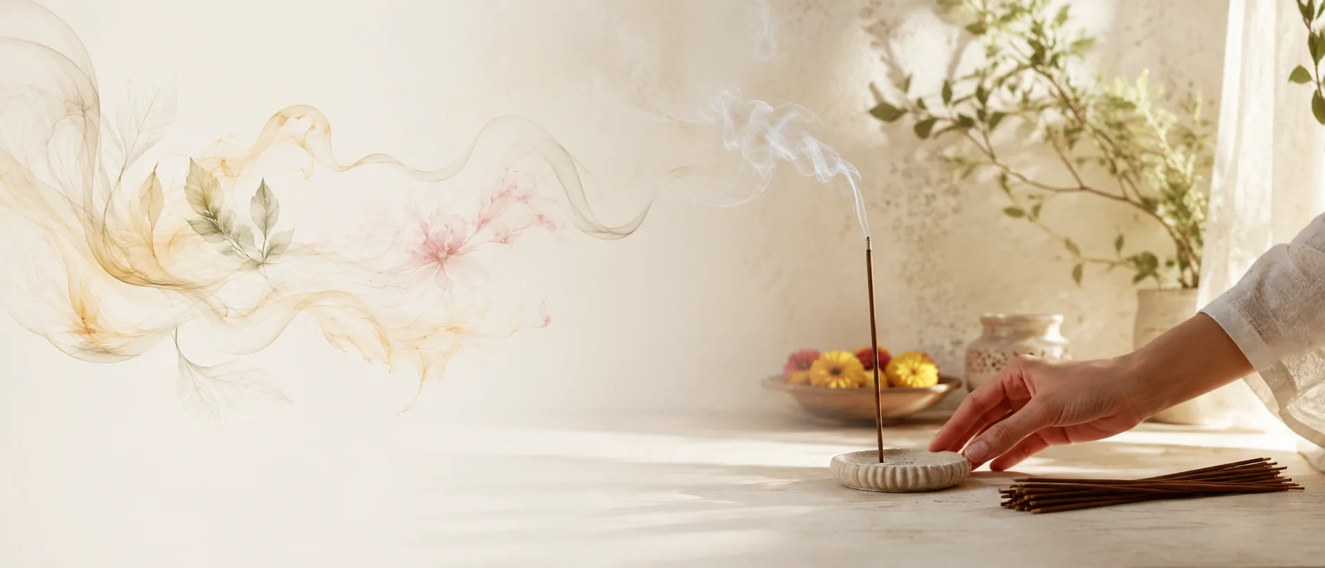 Incense sticks burning, with smoke rising in low light