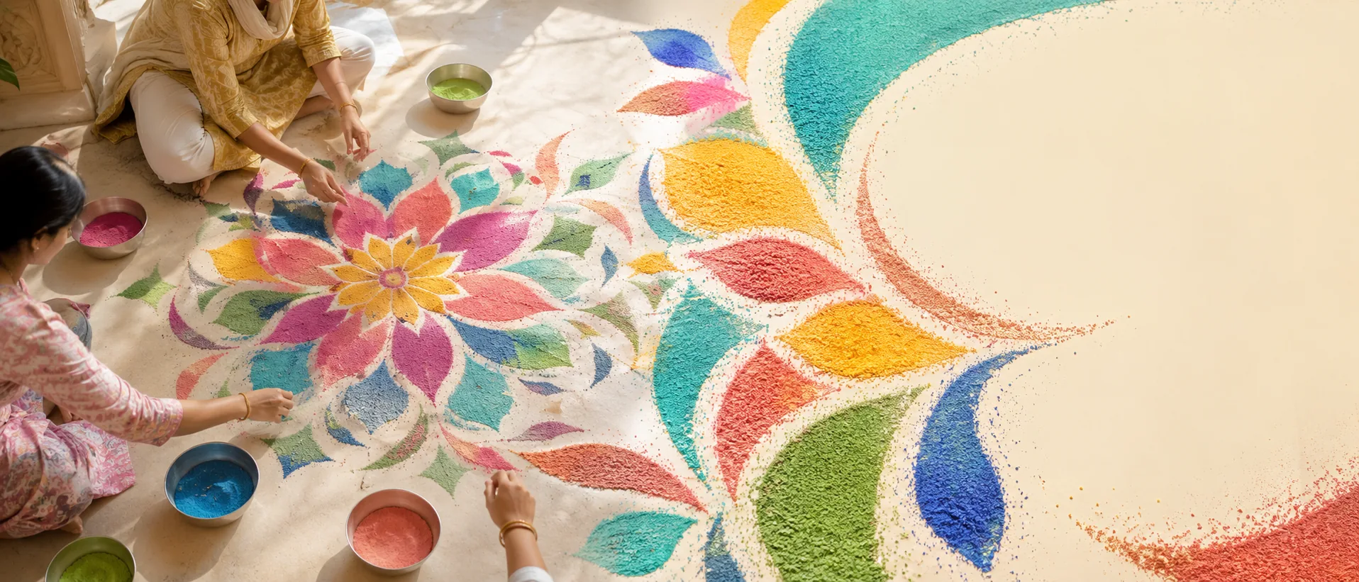 A rangoli laid on the floor in coloured sand, worked in concentric patterns