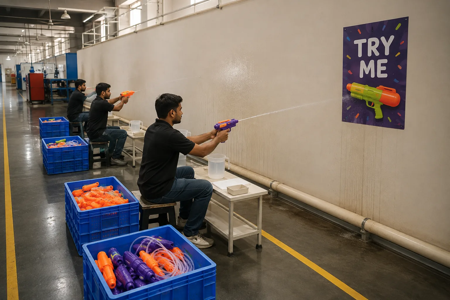 Operators on the test line firing finished water guns at a target board, with crates of assembled product beside them