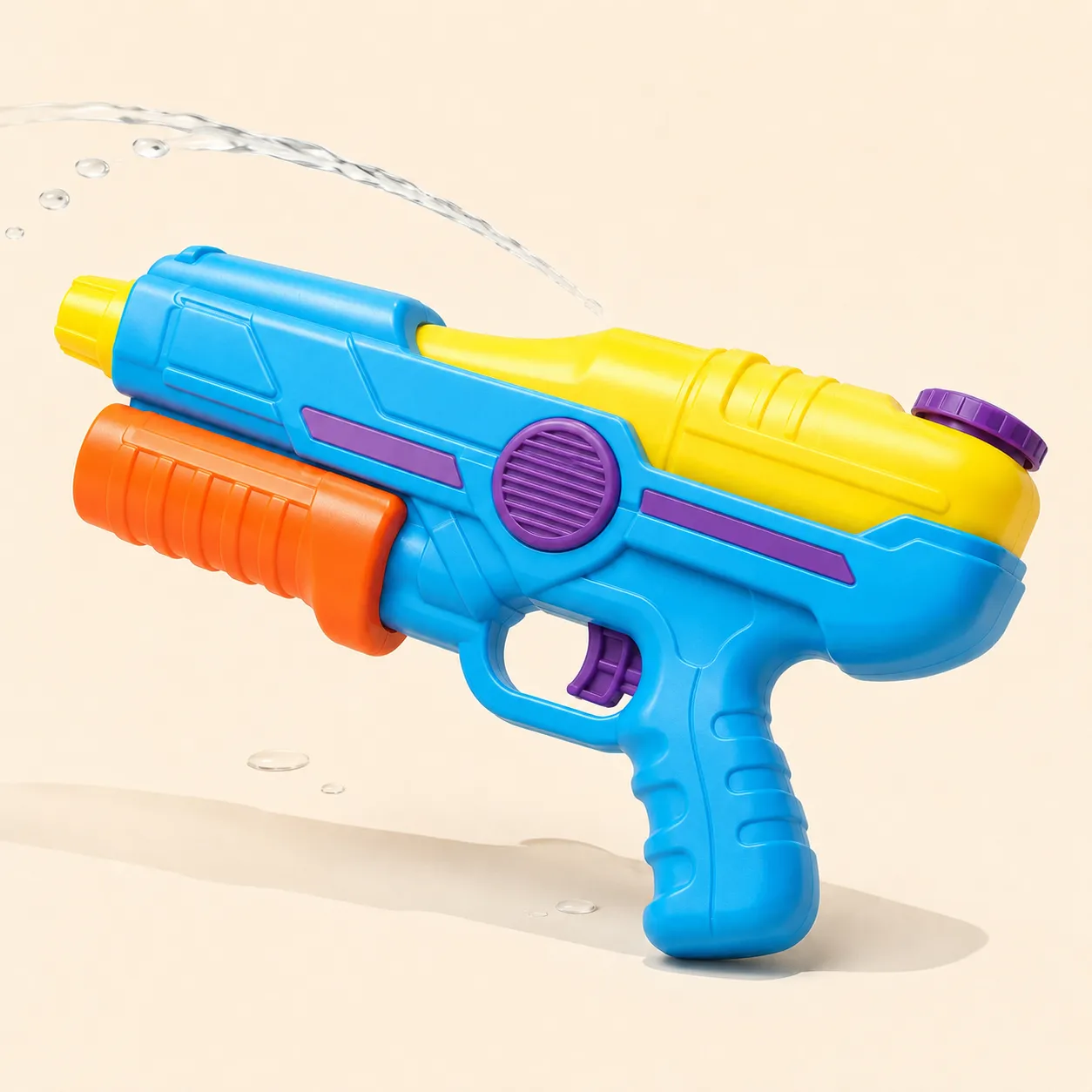 A pump-action water gun with a moulded reservoir, firing