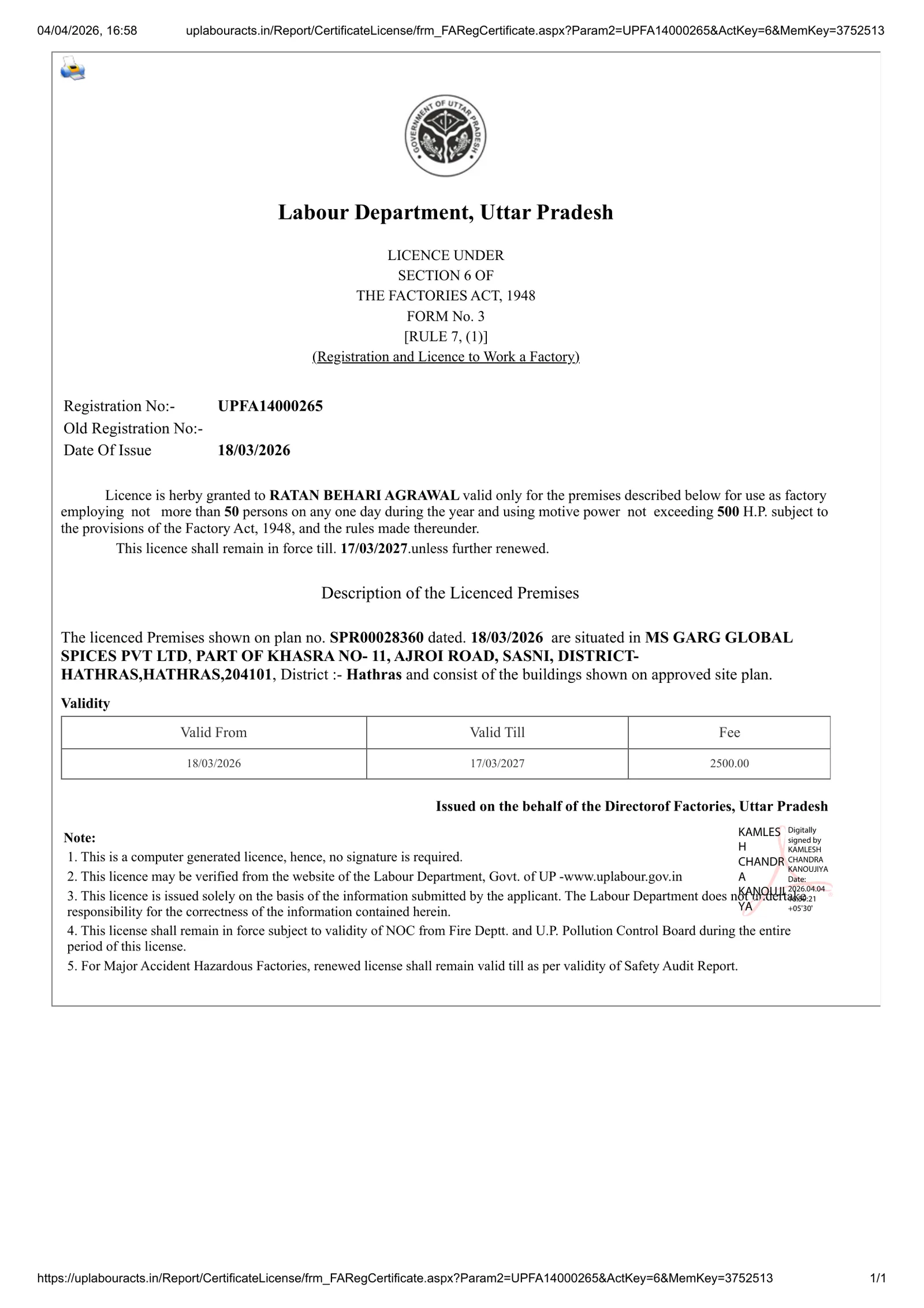 Licence to work a factory issued to Garg Global Spices Private Limited, number UPFA14000265