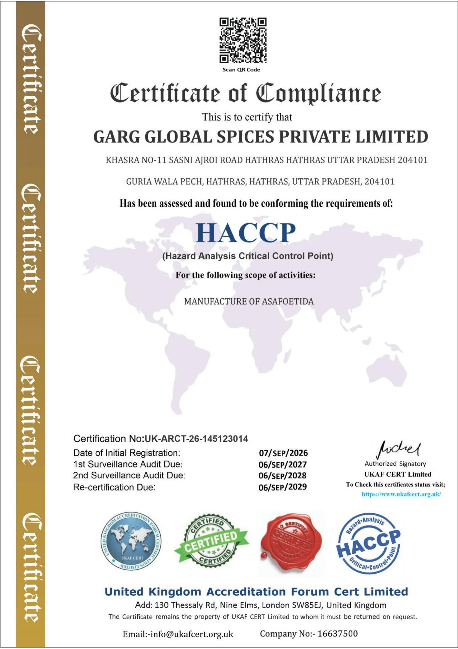 HACCP issued to Garg Global Spices Private Limited, number UK-ARCT-26-145123014