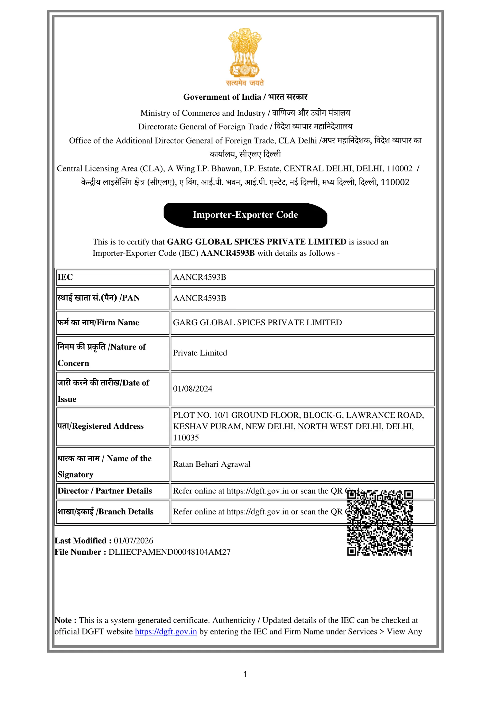 Importer-Exporter Code issued to Garg Global Spices Private Limited, number AANCR4593B