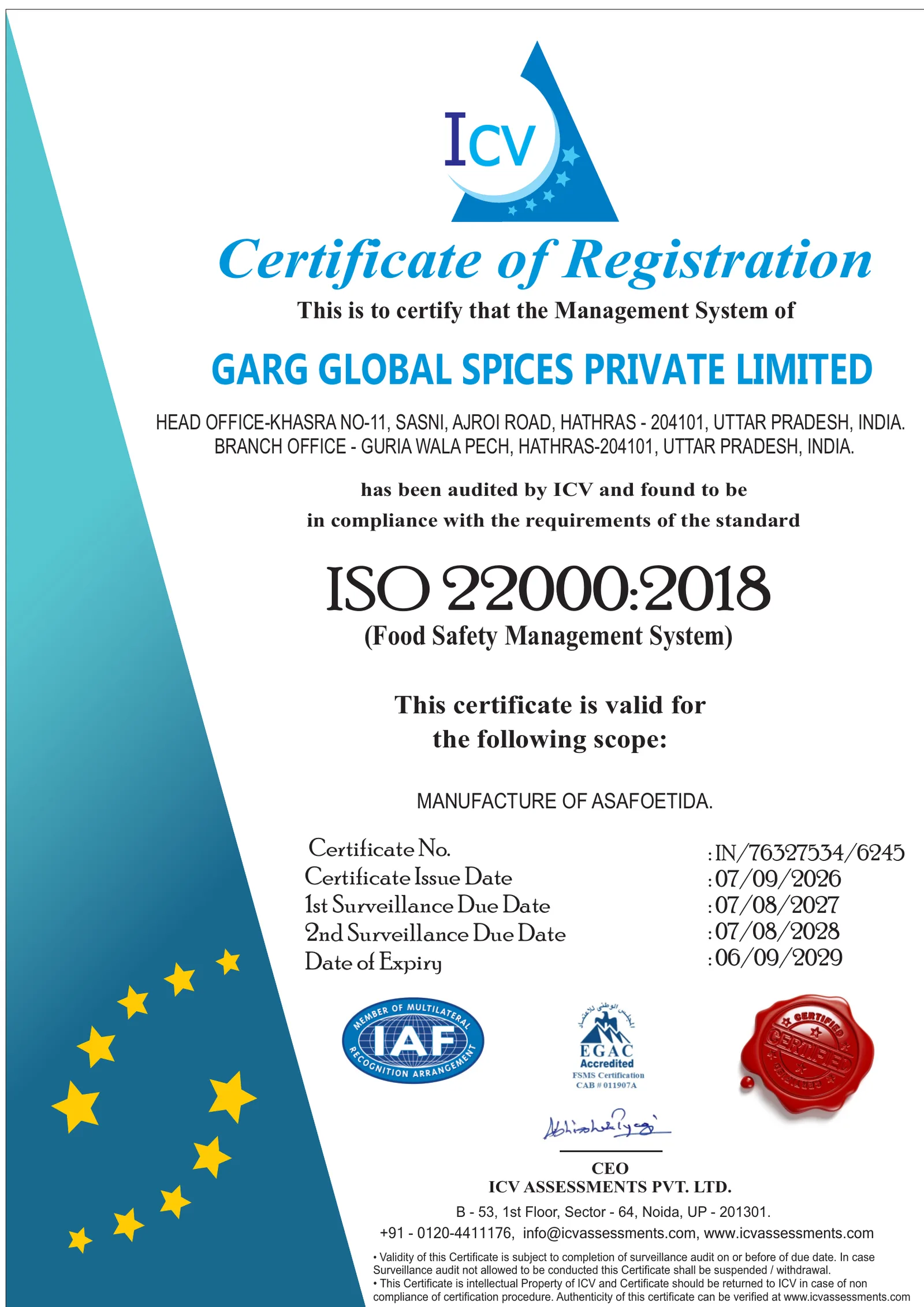 ISO 22000:2018 issued to Garg Global Spices Private Limited, number IN/76327534/6245
