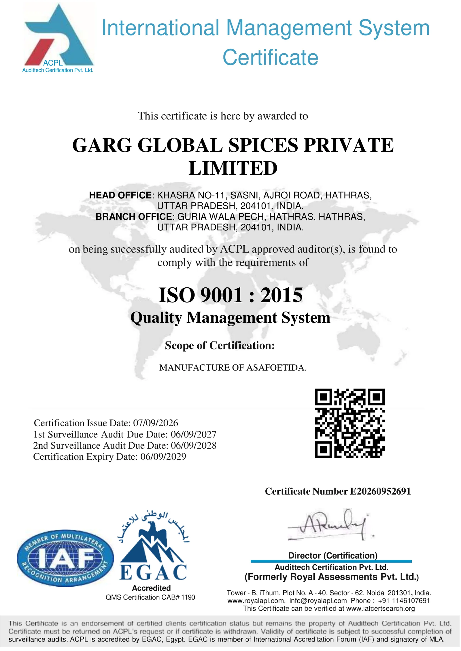ISO 9001:2015 issued to Garg Global Spices Private Limited, number E20260952691